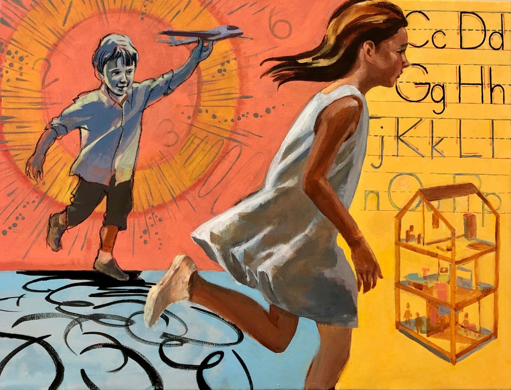 Oil painting of running girl and boy flying model airplane by Danna Wiggins.